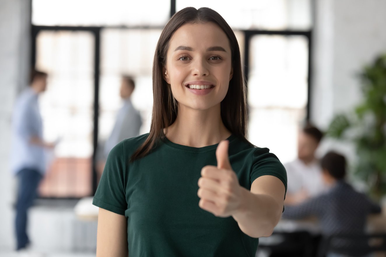 Photo portrait of happy hired employee recommending internship program